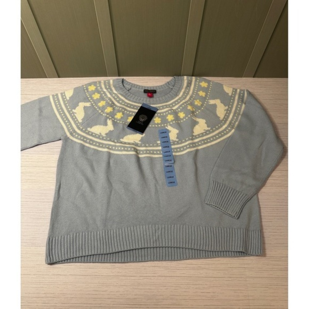 Vince Camuto Womens Sweater Light Blue Rabbit Fair Isle Knit Large NEW